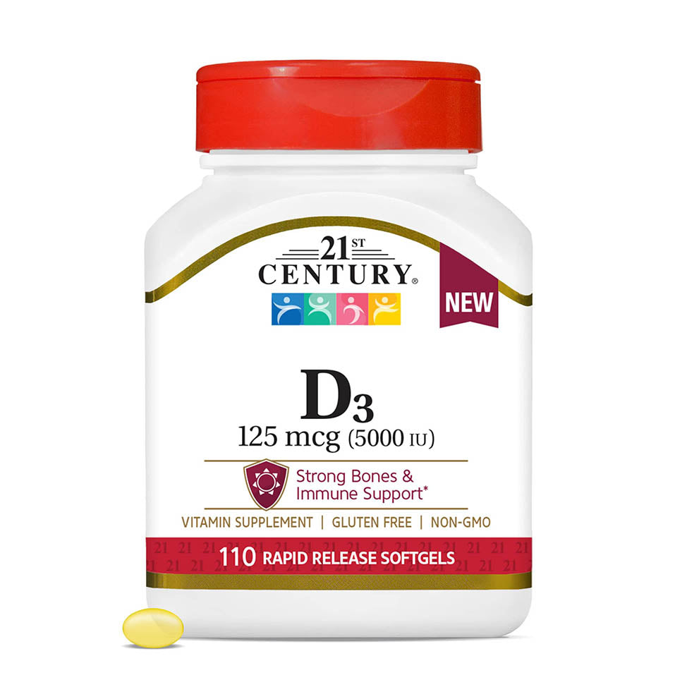 21st Century HealthCare Vitamin D3 125 mcg (5,000 IU) Rapid Release Softgels, 110 Count