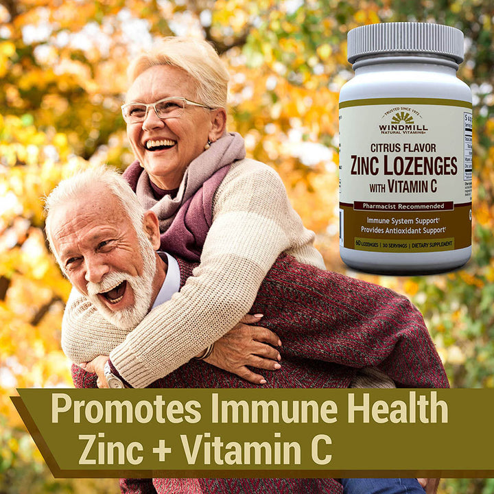 Windmill Health Natural Vitamins Zinc Lozenges with Vitamin C Honey Lemon Flavor, Immune System Support, Provides Antioxidant Support, Delicious & Fast Acting, 60 Lozenges, 30 Servings.