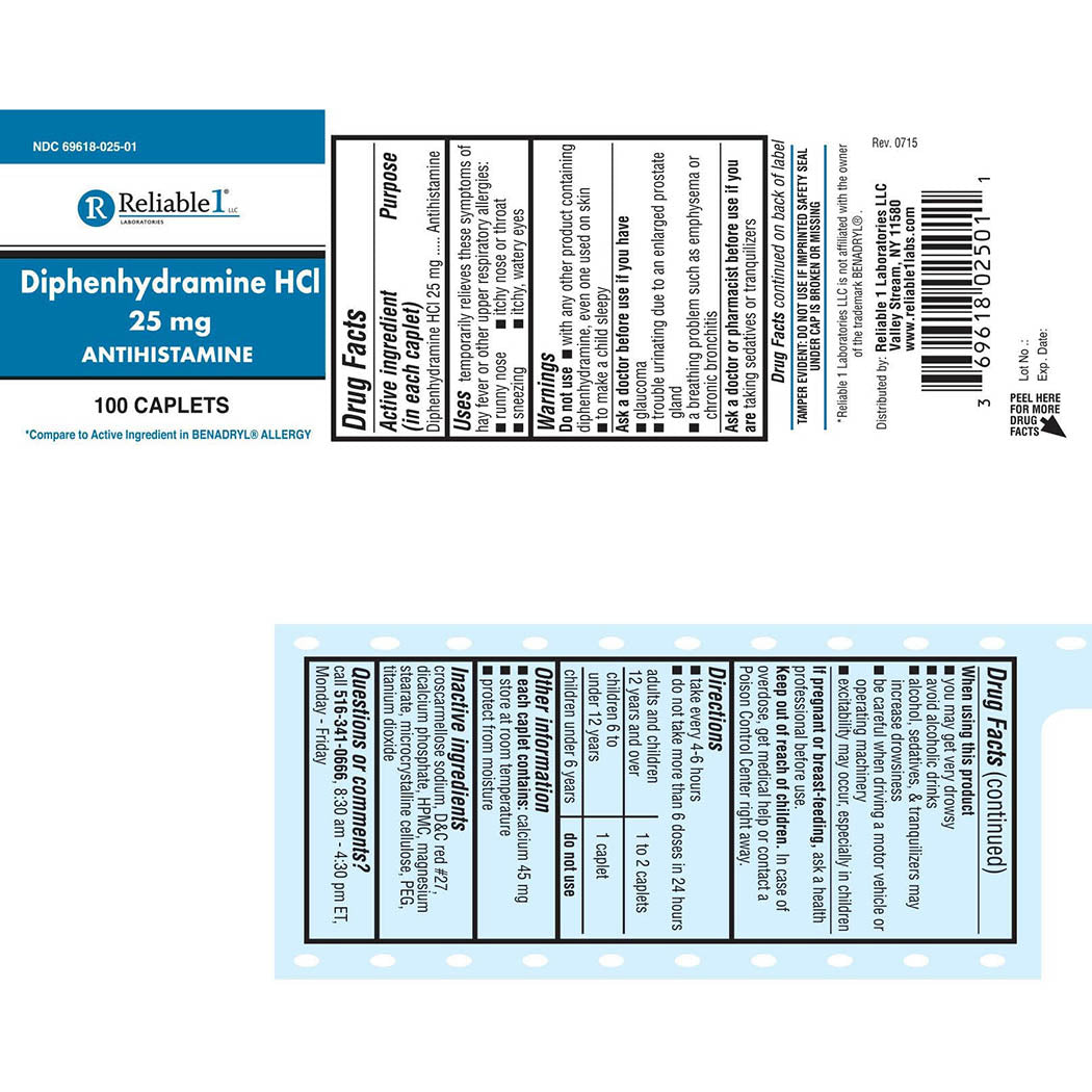 Reliable 1 Diphenhydramine HCI 25mg Antihistamine 100 Caplets (1 Bottle)