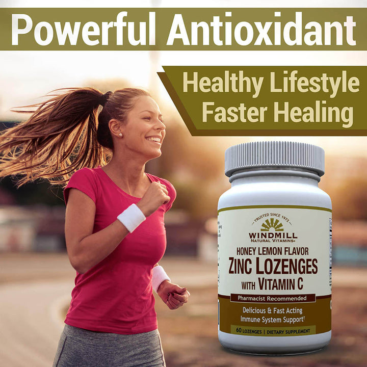 Windmill Health Products Natural Vitamins Zinc Lozenges with Vitamin C Honey Lemon Flavor, Immune System Support, Provides Antioxidant Support, Delicious & Fast Acting, 60 Lozenges, 60 Servings.