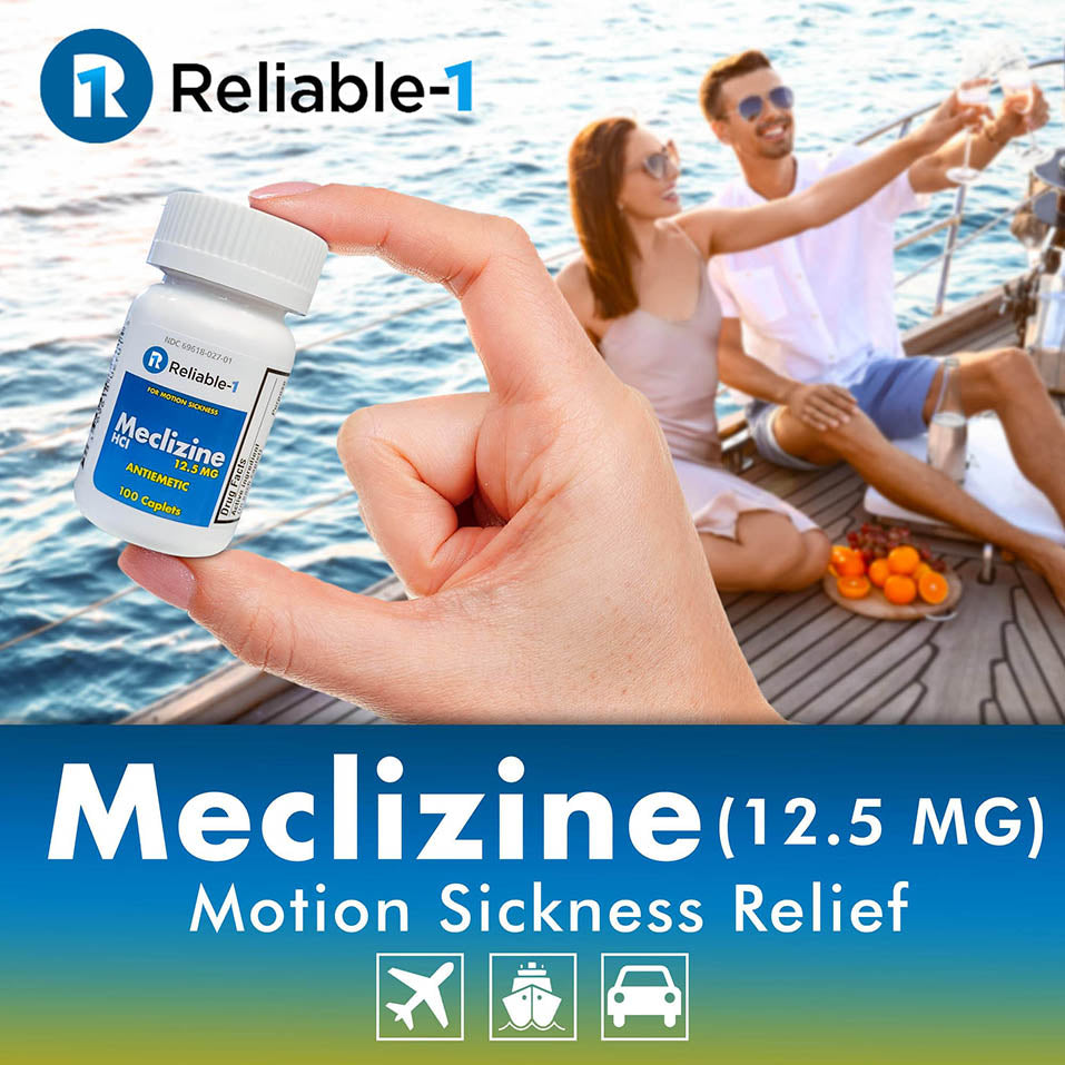 Reliable-1 Laboratories Meclizine HCL 12.5 mg Caplets - Prevent Nausea, Vomiting, and Dizziness Caused by Motion Sickness (100 Caplets, 1 Bottle)