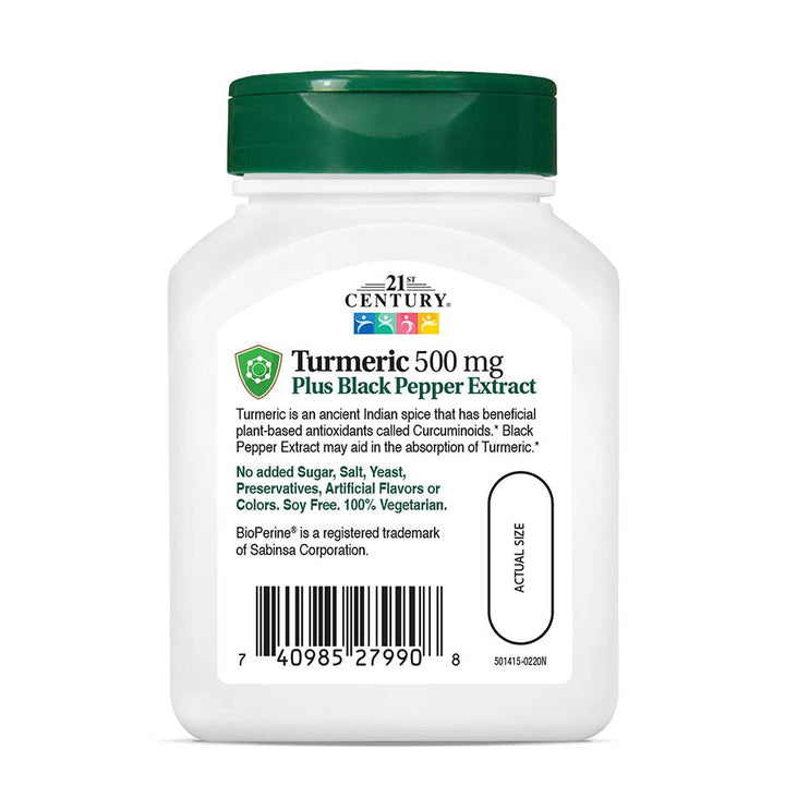 21st Century Turmeric 500 mg Plus Black Pepper Extract Vegetarian Capsules, 60 Count