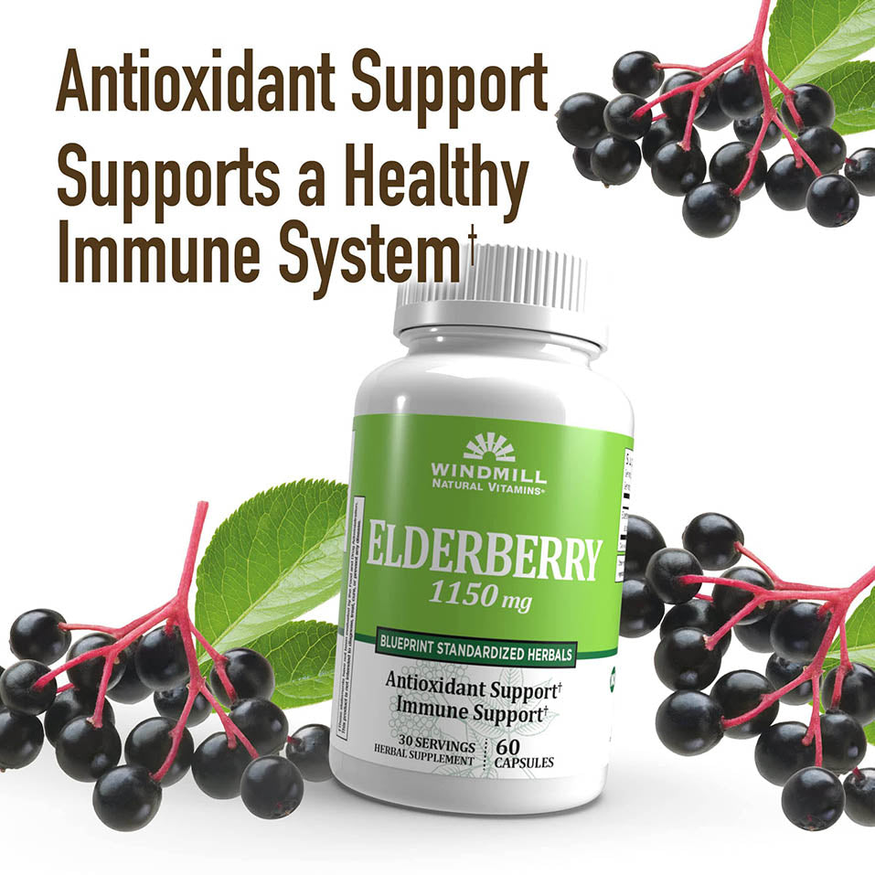 Windmill Natural Vitamins Elderberry Capsules, Supports Immune System, Potent Antioxidants, 1,150 mg of Elderberry, 60 Capsules, 30 Servings