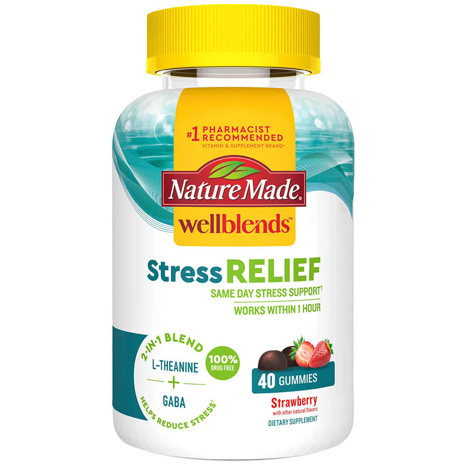 Nature Made Wellblends Stress Relief Gummies, L theanine 200mg to Help Reduce Stress, with GABA 100mg, Same Day Stress Support, 40 Strawberry Flavor Gummies