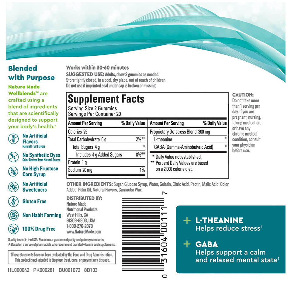 Nature Made Wellblends Stress Relief Gummies, L theanine 200mg to Help Reduce Stress, with GABA 100mg, Same Day Stress Support, 40 Strawberry Flavor Gummies