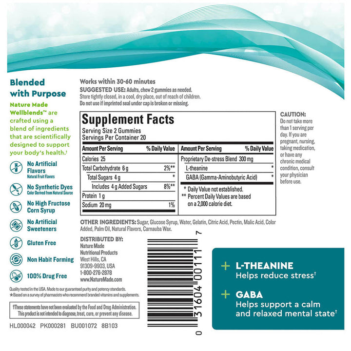 Nature Made Wellblends Stress Relief Gummies, L theanine 200mg to Help Reduce Stress, with GABA 100mg, Same Day Stress Support, 40 Strawberry Flavor Gummies