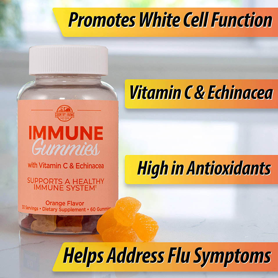 Country Farms Immune Gummies with Vitamin C & Echinacea, Supports Healthy Immune System, Rich in Antioxidants, Delicious Orange Flavor, 60 Count, 30 Servings