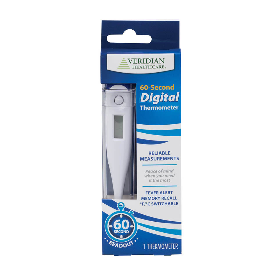 Veridian Healthcare Digital Thermometer | 60-Second Readout | Fahrenheit and Celsius | Rigid Tip | Fever Alert | 1-Year Warranty