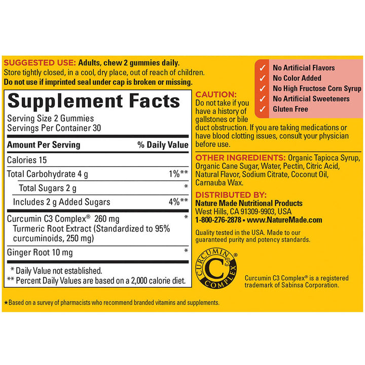 Nature Made Turmeric Curcumin 250mg Per Serving, Dietary Supplement for Antioxidant Support, 60 Gummies, 30 Day Supply