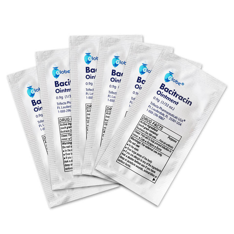 Globe (144 Pack) Bacitracin Antibiotic Zinc Ointment 0.9gr Foil Packet. First Aid Ointment to Prevent and heal infections for Minor cuts, scrapes and Burns.